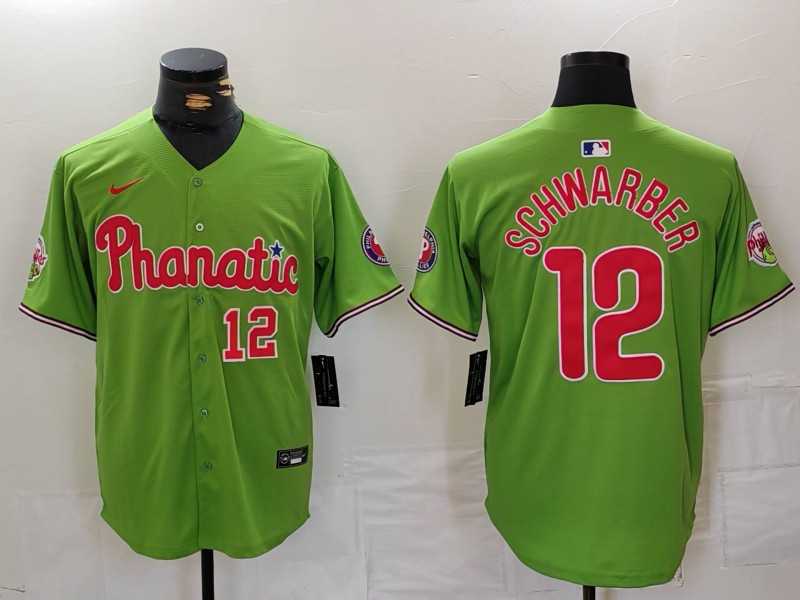 Men%27s Philadelphia Phillies #12 Kyle Schwarber Number Green With Patch Stitched Cool Base Nike Jersey
